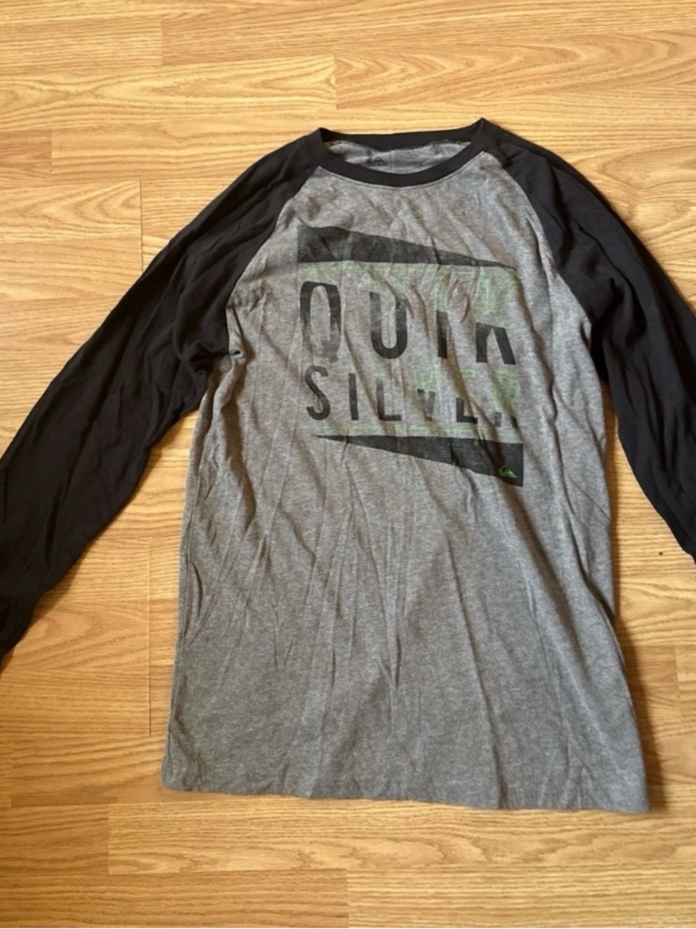Quiksilver Gray Body with Black Raglan Long Sleeve Graphic Tee